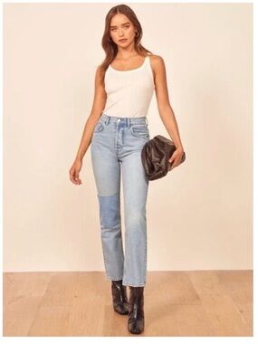 Reformation Cynthia High Rise Straight Jeans Tahoe with patch 28
